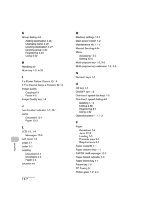 Page 21014-7
Appendix
G
Group dialing 4-6
Adding destination 4-26
Changing name 4-29
Deleting destination 4-27
Deleting group 4-30
Registering 4-23
Using 4-32
H
Handling xiii
Hook key 1-5, 4-35
I
If a Power Failure Occurs 12-14
If You Cannot Solve a Problem 12-15
Image quality
Copying 6-3
Faxes 4-3
Image Quality key 1-4
J
Jam location indicator 1-3, 12-1
Jams
Document 12-1
Paper 12-3
L
LCD 1-3, 1-6
Messages 12-6
Left cover 1-2
Legal 3-1
Letter 3-1
Loading
Document 2-4
Envelopes 3-5
Paper 3-5
Location xiv
M...