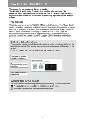 Page 22
How to Use This Manual
Thank you for purchasing a Canon projector.
The WUX6010 Multimedia Projector (hereinafter referred to as “the 
projector”) is a high-performance projector that is capable of projecting a 
high-resolution computer screen and high-quality digital image on a large 
screen.
This Manual
This is the user’s manual for WUX6010 Multimedia Projectors. The “Basic Guide” 
section describes installation and basic use of the projector. Descriptions of menus 
and how to connect the projector to...