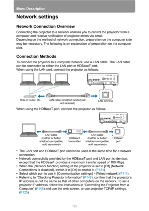 Page 120Menu Description
120
Network settings
Network Connection Overview
Connecting the projector to a network enables you to control the projector from a 
computer and receive notification of projector errors via email. 
Depending on the method of network connection, preparation on the computer side 
may be necessary. The following is an explanation of preparation on the computer 
side.
Connection Methods
To connect the projector to a computer network, use a LAN cable. The LAN cable 
can be connected to either...