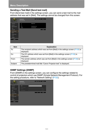 Page 140Menu Description
140
Sending a Test Mail [Send test mail]
From [Send test mail] in the settings screen, you can send a test mail to the mail 
address that was set in [Mail]. The settings cannot be changed from this screen.
SNMP Settings [SNMP]
From [SNMP] in the settings screen, you can configure the settings related to 
control of projectors which use SNMP (Simple Network Management Protocol). For 
the setting procedure, refer to “Network Setting” (P133).
ItemExplanation
To: The recipient address which...