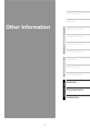 Page 161161
Safety Instructions
Before Use
Basic Guide
Installation Procedure
Connection Procedure
Projection Procedure
Convenient Features
Advanced GuideUsing Menus
Menu Description
Advanced Projection
Other InformationMaintenance
Product Specifications
Troubleshooting
Other Information 