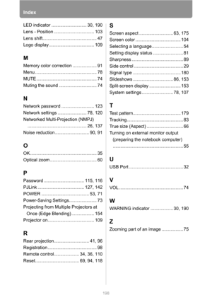 Page 198198
Index
LED indicator ............................ 30, 190
Lens - Position ................................ 103
Lens shift........................................... 47
Logo display .................................... 109
M
Memory color correction ................... 91
Menu ................................................. 78
MUTE ................................................ 74
Muting the sound .............................. 74
N
Network password .......................... 123
Network settings...