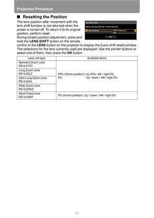 Page 6262
Projection Procedure
■Resetting the Position
The lens position after movement with the 
lens shift function is not returned when the 
power is turned off. To return it to its original 
position, perform reset.
During screen position adjustment, press and 
hold the LENS-SHIFT button on the remote 
control or the LENS button on the projector to display the [Lens shift reset] window.
The selections for the lens currently used are displayed. Use the pointer buttons to 
select one of them, then press the...