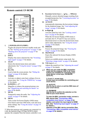 Page 1818
Remote control: LV-RC08
1. POWER (ON/STANDBY)
Toggles the projector between standby mode and 
on. See Starting up the projector on page 33 and 
Shutting down the projector on page 47 for 
details.
2. INPUT
Displays the source selection bar. See Switching 
input signal on page 37 for details.
3. Left
Selects the desired menu items and makes 
adjustments. See Using the menus on page 34 for 
details.
4. BLANK
Used to hide the screen picture. See Hiding the 
image on page 46 for details.
5. TIMER...