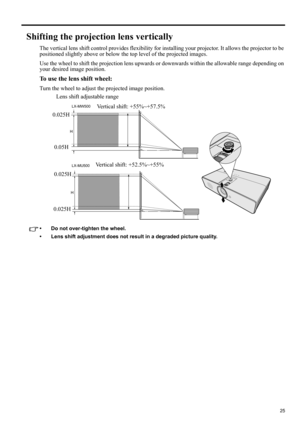 Page 2525
ENGLISH
Shifting the projection lens vertically
The vertical lens shift control provides flexibility for installing your projector. It allows the projector to be 
positioned slightly above or below the top level of the projected images.
Use the wheel to shift the projection lens upwards or downwards within the allowable range depending on 
your desired image position.
To use the lens shift wheel:
Turn the wheel to adjust the projected image position.
• Do not over-tighten the wheel.
• Lens shift...