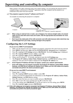 Page 5151
ENGLISH
Supervising and controlling by computer
With a proper LAN cable connection and LAN Control settings, you can operate the projector from a 
computer using a web browser or PJLink
™ application when the computer and the projector are 
connected to the same local area network.
This projector supports Crestron® software and PJLink™.
An example of connecting the projector to computer.
• When using an external hub or router, use a Category 5 (or above) straight cable. (A crossed 
cable can be used...