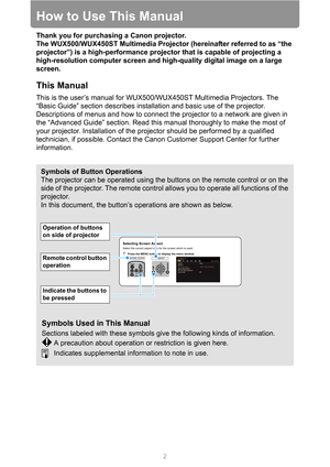 Page 22
How to Use This Manual
Thank you for purchasing a Canon projector.
The WUX500/WUX450ST Multimedia Projector (hereinafter referred to as “the 
projector”) is a high-performance projector that is capable of projecting a 
high-resolution computer screen and high-quality digital image on a large 
screen.
This Manual
This is the user’s manual for WUX500/WUX450ST Multimedia Projectors. The 
“Basic Guide” section describes installation and basic use of the projector. 
Descriptions of menus and how to connect...