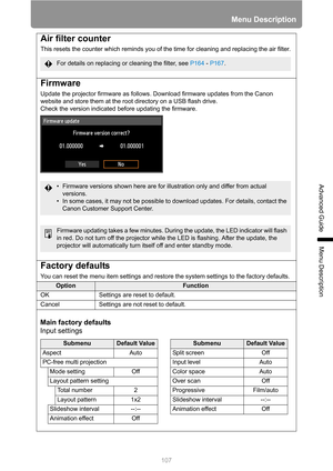 Page 107107
Menu Description
Advanced Guide
Menu Description
Air filter counter
This resets the counter which reminds you of the time for cleaning and replacing the air filter.
Firmware
Update the projector firmware as follows. Download firmware updates from the Canon 
website and store them at the root directory on a USB flash drive.
Check the version indicated before updating the firmware.
Factory defaults
You can reset the menu item settings and restore the system settings to the factory defaults....