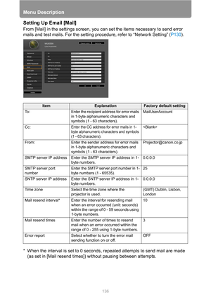 Page 136Menu Description
136
Setting Up Email [Mail]
From [Mail] in the settings screen, you can set the items necessary to send error 
mails and test mails. For the setting procedure, refer to “Network Setting” (P130).
* When the interval is set to 0 seconds, repeated attempts to send mail are made 
(as set in [Mail resend times]) without pausing between attempts.
ItemExplanationFactory default setting
To :
Enter the recipient address for error mails 
in 1-byte alphanumeric characters and 
symbols (1 - 63...