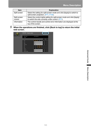 Page 145
145
Menu Description
Advanced Guide
Menu Description
5When the operations are finished, click [Back to top] to return the initial 
web screen.
Split screen Select the setting for split-screen mode and click [Apply] to switch to \
split-screen projection. ( P77, P156 )
Split screen 
control Select the control rights setting for split-screen mode and click [Apply] 
to switch the side currently under control. (
P77)
Information The control results and control error information are displayed at the  top of...