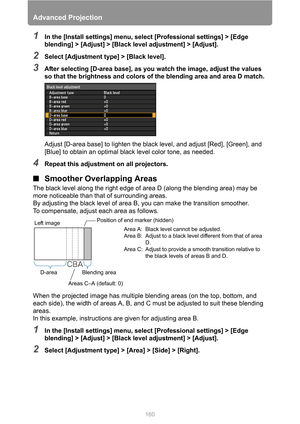 Page 160Advanced Projection
160
1In the [Install settings] menu, select [Professional settings] > [Edge 
blending] > [Adjust] > [Black level adjustment] > [Adjust].
2Select [Adjustment type] > [Black level].
3After selecting [D-area base], as you watch the image, adjust the values 
so that the brightness and colors of the blending area and area D match.
Adjust [D-area base] to lighten the black level, and adjust [Red], [Green], and 
[Blue] to obtain an optimal black level color tone, as needed.
4Repeat this...