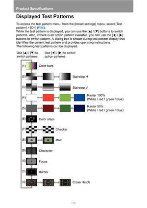 Page 176Product Specifications
176
Displayed Test Patterns
To access the test pattern menu, from the [Install settings] menu, select [Test 
pattern] > [On] (P96).
While the test pattern is displayed, you can use the [ ] / [ ] buttons to switch 
patterns. Also, if there is an option pattern available, you can use the [ ] / [ ] 
buttons to switch pattern. A dialog box is shown during test pattern display that 
identifies the current test pattern and provides operating instructions.
The following test patterns can...