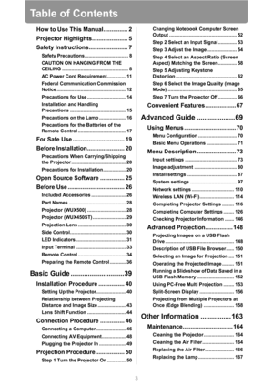 Page 33
Table of Contents
How to Use This Manual............... 2
Projector Highlights...................... 5
Safety Instructions........................ 7
Safety Precautions................................. 8
CAUTION ON HANGING FROM THE 
CEILING .................................................. 8
AC Power Cord Requirement.............. 11
Federal Communication Commission 
Notice .................................................... 12
Precautions for Use ............................. 14
Installation and...