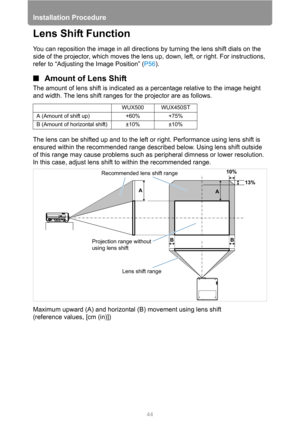 Page 44Installation Procedure
44
Lens Shift Function
You can reposition the image in all directions by turning the lens shift dials on the 
side of the projector, which moves the lens up, down, left, or right. For instructions, 
refer to “Adjusting the Image Position” (P56).
■Amount of Lens Shift
The amount of lens shift is indicated as a percentage relative to the image height 
and width. The lens shift ranges for the projector are as follows.
The lens can be shifted up and to the left or right. Performance...