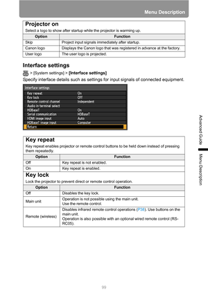 Page 9999
Menu Description
Advanced Guide
Menu Description
Interface settings
> [System settings] > [Interface settings] 
Specify interface details such as settings for input signals of connected equipment.
Projector on
Select a logo to show after startup while the projector is warming up.
OptionFunction
Skip Project input signals immediately after startup.
Canon logo Displays the Canon logo that was registered in advance at the factory.
User logo The user logo is projected.
Key repeat
Key repeat enables...