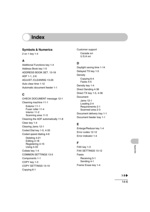 Page 20914-6
Appendix
Index
Symbols & Numerics
2 on 1 key 1-4
A
Additional Functions key 1-4
Address Book key 1-5
ADDRESS BOOK SET. 13-18
ADF 1-1, 2-6
ADJUST./CLEANING 13-26
Auto clear time 1-12
Automatic document feeder 1-1
C
CHECK DOCUMENT message 12-1
Cleaning machine 11-1
Exterior 11-1
Fuser roller 11-4
Interior 11-2
Scanning area 11-5
Cleaning the ADF automatically 11-8
Clear key 1-4
Clearing Jams 12-1
Coded Dial key 1-5, 4-33
Coded speed dialing 4-6
Deleting 4-21
Editing 4-18
Registering 4-15
Using 4-33...