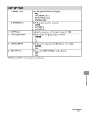 Page 236
12-11
Machine Settings

COPY SETTINGS
7. FRAME ERASESets the type of Frame Erase copying.
OFF
ORG. FRAME ERASE
BOOK FRAME ERASE
BINDING HOLE
–
–
–
–
8.  PAPER SELECT
Sets the paper source for copying.
AUTO
CASSETTE 1
CASSETTE 2**
–
–
–
3.  SHARPNESS
Adjusts the sharpness of the copied image. (1–9) (5)
4.  PAPER SIZE GROUP
Selects a paper size group for your machine.
INCHES
A
AB
–
–
–
5.  MM/INCH ENTRY
Sets the unit of measurement of the frame erase width.
INCHES
MM
–
–
6.  INIT. COPY SET.
Restores all...