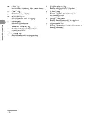 Page 41
Before Using the Machine
1-6

U [Tone] key
Press to switch from rotary pulse to tone dialing.
V [2 on 1] key
Press to set 2 on 1 copying.
W [Frame Erase] key
Press to set frame erase for copying.
X [Collate] key
Press to set collate copies.
Y Additional Functions key
Press to select or cancel the modes in 
Additional Functions.
Z [2-Sided] key
Press to set two-sided copying or faxing.
a [Enlarge/Reduce] key
Press to enlarge or reduce copy ratio.
b [Density] key
Press to adjust the density for copy or...