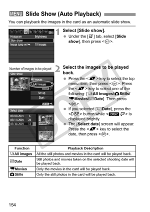 Page 154154
You can playback the images in the card as an automatic slide show.
1Select [Slide show].
 Under the [ 4] tab, select [ Slide 
show ], then press < 0>.
2Select the images to be played 
back.
  Press the < V> key to select the top 
menu item, then press < 0>. Press 
the < V> key to select one of the 
following: [ jAll images/z Stills/
k Movies/i Date]. Then press 
< 0 >.
  If you selected [ iDate ], press the 
< B > button while < zH> is 
displayed brightly.
  The [ Select date ] screen will appear....