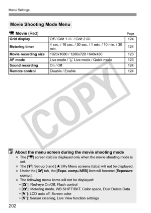 Page 202Menu Settings
202
k Movie  (Red)Page
Movie Shooting Mode Menu
Grid displayOff / Grid 1 l / Grid 2 m124
Metering timer4 sec. / 16 sec. / 30 sec.  / 1 min. / 10 min. / 30 
min.124
Movie recording size1920x1080 / 1280x720 / 640x480123
AF modeLive mode /  u Live mode / Quick mode123
Sound recordingOn / Off124
Remote controlDisable / Enable124
About the menu screen during the movie shooting mode  The [ k] screen (tab) is displa yed only when the movie shooting mode is 
set.
  The [ 7] Set-up 3 and [ 9] My...