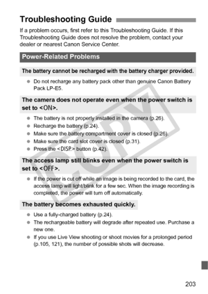 Page 203203
If a problem occurs, first refer to this Troubleshooting Guide. If this 
Troubleshooting Guide does not resolve the problem, contact your 
dealer or nearest Canon Service Center.
  Do not recharge any battery pack  other than genuine Canon Battery 
Pack LP-E5.
  The battery is not properly installed in the camera (p.26).
  Recharge the battery (p.24).
  Make sure the battery compar tment cover is closed (p.26).
  Make sure the card slot cover is closed (p.31).
  Press the < B> button (p.42).
  If the...