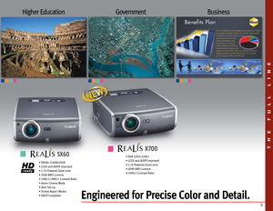 Page 55
Higher EducationBusiness
Go vernment
• XGA (1024 x768 )
• L
COS and AISYS Improved
•  1.7x Powered Zoom Lens
• 4000 ANSI Lumens
• 1000:1 Contrast Ratio
Engineered for Precise Color and Detail.
• SXGA+ (1400x1050)
• L
COS and AISYS Improved
•  1.7x Powered Zoom Lens
• 2500 ANSI Lumens
• 1000:1/2000:1 Contrast Ratio
• Home Cinema Mode
• Auto S

etup
• 
Screen Aspect Modes
• HDCP Compliant
THE FUL L LINE 