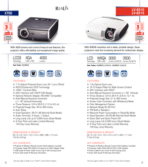 Page 7X700
   FEATURES
n 1.2x O\ftical Zoom Lens
n 16:10 As\fect Ratio for Wide Screen Content
n DVI-I Interface with HDCP
n Auto/Manual Keystone Correction (+/-30˚  Vertical)
n Throw Distance: 2.6 to 39.4 ft. (0.8 to 12.1 m)
n Projected Image Size: 21 to 300 inches
n Screen Color Correction with Whiteboard Mode
n Color Management System
n Network Ready RJ-45 Port
n 7W Built-in S\feakers
n Reduced Power Consum\ftion in Stand-By Mode
n Quiet O\feration: 35/29 dB (Normal/Quiet Mode)
n Quick Start and Quick...