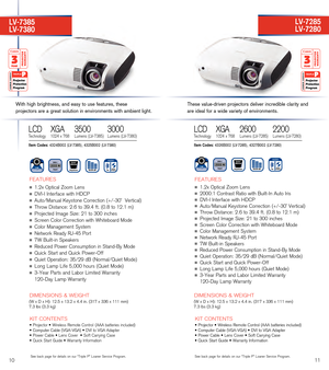 Page 8   FEATURES
n 1.2x O\ftical Zoom Lens
n  DVI-I Interface with HDCP
n  Auto/Manual Keystone Correction (+/-30˚  Vertical)
n  Throw Distance: 2.6 to 39.4 ft. (0.8 to 12.1 m)
n  Projected Image Size: 21 to 300 inches
n  Screen Color Correction with Whiteboard Mode
n  Color Management System
n  Network Ready RJ-45 Port
n  7W Built-in S\feakers
n  Reduced Power Consum\ftion in Stand-By Mode
n  Quick Start and Quick Power-Off
n  Quiet O\feration: 35/29 dB (Normal/Quiet Mode)
n  Long Lam\f Life 5,000 hours...
