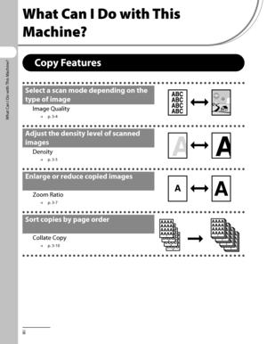 Page 3
What Can I Do with This Machine?
ii

What Can I Do with This 
Machine?
Copy Features
Select a scan mode depending on the 
type of image 
Image Quality
p. 3-4→
Adjust the density level of scanned 
images
Density
p. 3-5→
Enlarge or reduce copied images
Zoom Ratio
p. 3-7→
Sort copies by page order
Collate Copy
p. 3-10→ 