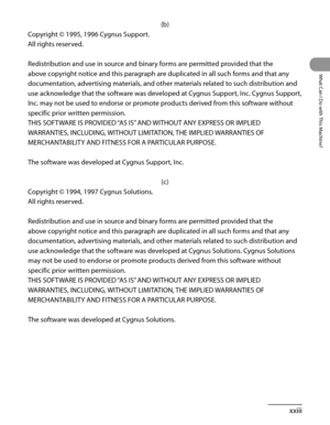 Page 24
xxiii
What Can I Do with This Machine?

(b)
Copyright © 1995, 1996 Cygnus Support.
All rights reserved.
Redistribution and use in source and binary forms are permitted provided that the 
above copyright notice and this paragraph are duplicated in all such forms and that any 
documentation, advertising materials, and other materials related to such distribution and 
use acknowledge that the software was developed at Cygnus Support, Inc. Cygnus Support, 
Inc. may not be used to endorse or promote products...