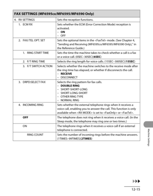 Page 240
12-15
Machine Settings

FAX SETTINGS (MF6595cx/MF6595/MF6590 Only)
4. RX SETTINGSSets the reception functions.
1.  ECM RX
Sets whether the ECM (Error Correction Mode) reception is 
activated.
ON
OFF
–
–
2.  FAX/TEL OPT. SET
Sets the optional items in the  mode. (See Chapter 4, 
“Sending and Receiving (MF6595cx/MF6595/MF6590 Only),” in 
the Reference Guide.)
1.  RING START TIME
Sets the time the machine takes to check whether a call is a fax 
or a voice call. (0SEC–30SEC)(6SEC)
2.  F/T RING TIME
Selects...