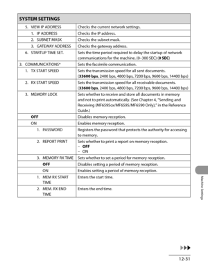 Page 256
12-31
Machine Settings

SYSTEM SETTINGS
5. VIEW IP ADDRESSChecks the current network settings.
1.  IP ADDRESS
Checks the IP address.
2.  SUBNET MASK
Checks the subnet mask.
3.  GATEWAY ADDRESS
Checks the gateway address.
6.  STARTUP TIME SET.
Sets the time period required to delay the startup of network 
communications for the machine. (0–300 SEC) (0 SEC)
3.  COMMUNICATIONS*
Sets the facsimile communication.
1.  TX START SPEED
Sets the transmission speed for all sent documents.
(33600 bps, 2400 bps,...