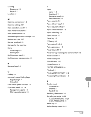 Page 266
13-9
Appendix

Loading
Document 2-4
Paper 2-11
Location xv
M
Machine components 1-2
Machine settings 12-1
Main operation panel 1-4
Main Power indicator 1-5
Main power switch 1-3
Maintaining the toner cartridge 1-10
Maintenance xiv, 10-1
Manual sending 4-33
Manuals for the machine i
Menu
Accessing 12-4
Setting 12-6
Multi-purpose tray 1-3
Multi-purpose tray extension 1-3
N
Numeric keys 1-5
O
OK key 1-5
one-touch speed dialing keys
Registering 4-7
Using 4-26
One-Touch Speed Dial keys 1-7
Operation panel...