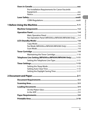 Page 10
ix
What Can I Do with This Machine?

Users in Canada ........................................................................\
..........xxx
Pre-Installation Requirements for Canon Facsimile 
Equipment  ........................................................................\
......................xxx
Notice  ........................................................................\
.............................xxxi
Laser Safety........................................................................\...