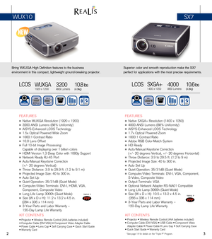 Page 3TRIPLE PTRIPLE P
2
   
FEATuRES
n Native SXGA+ Resolution (1400 x 1050)
n 4000 ANSI Lumens (88% uniformity)
n AISYS-Enhanced LCOS Technology
n 1.7x Optical Powered Zoom
n 1000:1 Contrast Ratio
n Adobe RGB Color-Match System
n HD Ready
n Auto/Manual Keystone Correction 
(+/- 20 degrees Vertical, +/- 20 degrees Horizontal)
n Throw Distance: 3.9 to 29.5 ft. (1.2 to 9 m)
n Projected Image Size: 40 to 300 in.
n Auto Set up
n Quiet Operation: 35/31dB (Quiet Mode)
n Computer/Video Terminals: DVI-I, VGA,...