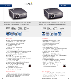 Page 5TRIPLE P
7* See page 14 for details on the “Triple P” Program.6
   
FEATuRES
n Native XGA Resolution (1024 x 768)
n 4000 ANSI Lumens (88% uniformity)
n AISYS-Enhanced LCOS Technology
n 1.7x Optical Powered Zoom
n 1000:1 Contrast Ratio 
n Auto/Manual Keystone Correction 
(+/- 20 degrees Vertical, +/- 20 degrees Horizontal)
n Throw Distance: 3.9 to 29.5 ft. (1.2 to 9 m)
n Projected Image Size: 40 to 300 in.
n Auto Set up
n Quiet Operation: 35/31dB (Quiet Mode)
n Computer/Video Terminals: DVI-I, VGA,...