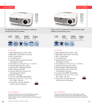 Page 7TRIPLE P
   
FEATuRES
n Native XGA Resolution (1024 x 768)
n 2000 ANSI Lumens (85% uniformity)
n 600:1 Contrast Ratio 
n 1.6x Optical Zoom
n Manual Keystone Correction  
(±30 degrees vertical)
n Throw Distance: 3.7 to 29.1 ft. (1.1 to 8.8 m)
n Projected Image Size: 25 to 300 in.
n Quiet Operation: 29dB (Quiet Mode)
n Enhanced Wall Color Correction and  
Color Management System
n Long Life Lamp 3000h (Quiet Mode)
n	Size: (W x D x H) 12.2 x 10.4 x 4.3 in.  
(310 x 265 x 109 mm)
n 3-Year Parts and Labor...