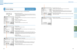 Page 16
29
30
Send 
Functions
Other Useful Features
Copying Functions
Additional Functions
Preface

Additional Functions
Additional Functions
Common SettingsReference Guide Chapter 31
Enables you to specif y the set tings that are common to the Copy, Fa x, and Send functions.
Initial Function (see p. 39 )
Enables you to specify the screen that is displayed when you turn ON the main power. You 
can select [Copy] or [Send] . For example, if you often use the Send function, it is convenient 
to set the Send...