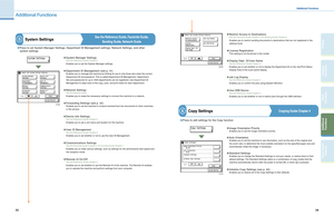 Page 18
33
34
Send 
Functions
Other Useful Features
Copying Functions
Additional Functions
Preface

Additional Functions
Additional Functions
5
6
See the Reference Guide, Facsimile Guide, 
Sending Guide, Network GuideSystem Settings
Press to set System Manager Set tings, Depar tment ID Management set tings, Net work Set tings, and other 
system set tings.
System Manager Set tings
Depar tment ID Management (see p. 41)
Communications Set tings
Remote UI On / Of f
Device Info Set tings
Net work Set tings
For...
