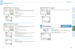 Page 20
37
38
Send 
Functions
Other Useful Features
Copying Functions
Additional Functions
Preface

Additional Functions
Additional Functions
8
(1/1)
Register Destinations
(1/ 2)
TX Settings
Pause Time
Enables you to set the pause time when sending a fax.
See the Facsimile Guide Chapter 4
ECM T X
Enables you to reduce the effect of system and line errors on documents that occur during 
sending or receiving with another fax unit that supports ECM.
See the Facsimile Guide Chapter 4
TX Settings
Auto Redial
Enables...