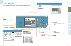 Page 4
5
6
Send 
Functions
Additional Functions
Other Useful Features
Preface
Copying Functions

The Control Panel
The Control Panel
1 23
7 89
0
4 56
ON/OFFCOPYSEND
Reset
AdditionalFunctions
Display
Contrast
Pr ocessing/
DataErr orPower
Start
GHIJKL
PQRS
Log In/Out Clear
ABC
TUV
DEFSerial  No.
WXYZ
Stop
MNO
The control panel consists of a touch panel display, for set ting the various functions, and physical keys such as the 
Star t key, Stop key, and the Control Panel Power Switch. The following is an...