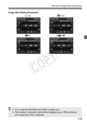 Page 119119
Setting the Image-Recording Quality
Image Size Setting Examples
3 only61
+5
1
+3 1
 only
 If [–] is set for both RAW and JPEG,  3 will be set.
  The number of possible shots will be  displayed up to 1999 on the top 
LCD panel and in the viewfinder.
COPY  