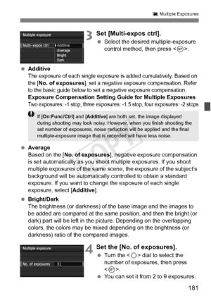 Page 181181
P Multiple Exposures
3Set [Multi-expos ctrl].
  Select the desired multiple-exposure 
control method, then press < 0>.
  Additive
The exposure of each single exposure  is added cumulatively. Based on 
the [No. of exposures], set a negative exposu re compensation. Refer 
to the basic guide below to set  a negative exposure compensation.
Exposure Compensation Setting Guide for Multiple ExposuresTwo exposures: -1 stop, three exposures:  -1.5 stop, four exposures: -2 stops
 Average
Based on the [ No. of...