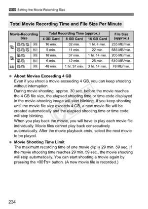 Page 234234
3 Setting the Movie-Recording Size
 About Movies Exceeding 4 GB
Even if you shoot a movie exceed ing 4 GB, you can keep shooting 
without interruption.
During movie shooting, approx. 30 sec. before the movie reaches 
the 4 GB file size, the elapsed shoo ting time or time code displayed 
in the movie-shooting image will st art blinking. If you keep shooting 
until the movie file size exceeds 4 GB, a new movie file will be 
created automatically and the elap sed shooting time or time code 
will stop...