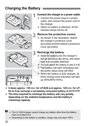 Page 3030
1Connect the charger to a power outlet.
 Connect the power plug to a power 
outlet, and connect the power cord to 
the charger.
  When no battery is attached, all the 
indicator lamps will be off.
2Remove the protective covers.
 As shown in the illustration, detach 
the charger’s protective cover 
(provided) and the battery’s protective 
cover (provided).
3Recharge the battery.
 Slide the battery into the charger’s 
slot as shown by the arrow, and make 
sure it is securely attached.
 
You can attach...
