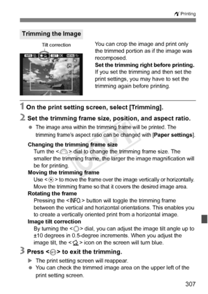 Page 307307
wPrinting
You can crop the image and print only 
the trimmed portion as if the image was 
recomposed.
Set the trimming right before printing. 
If you set the trimming and then set the 
print settings, you may have to set the 
trimming again before printing.
1 On the print setting screen, select [Trimming].
2 Set the trimming frame size, position, and aspect ratio.
 The image area within the tri mming frame will be printed. The 
trimming frame’s aspect ra tio can be changed with [
Paper settings]....