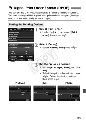 Page 309309
You can set the print type, date imprinting, and file number imprinting. 
The print settings will be applied to  all print-ordered images. (Settings 
cannot be set individually for each image.)
1Select [Print order].
 Under the [ 31] tab, select [Print 
order], then press < 0>.
2Select [Set up].
  Select [Set up ], then press .
3Set the option as desired.
  Set the [Print type ], [Date ], and [ File 
No. ].
  Select the option to be set, then press 
. Select the desired setting, 
then press < 0>.
W...