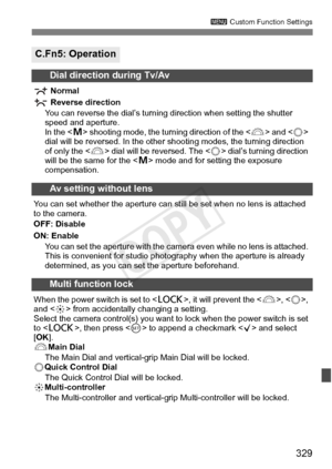 Page 329329
3 Custom Function Settings
C.Fn5: Operation
Dial direction during Tv/Av
 Normal
 Reverse direction
You can reverse the dial’s turning  direction when setting the shutter 
speed and aperture.
In the < a> shooting mode, the turning direction of the < 6> and  
dial will be reversed. In the other  shooting modes, the turning direction 
of only the  dial will be reversed. The < 5> dial’s turning direction 
will be the same for the < a> mode and for setting the exposure 
compensation.
Av setting without...