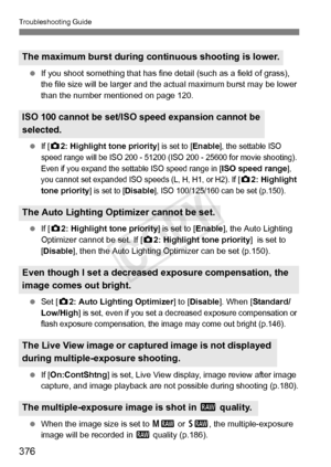 Page 376376
Troubleshooting Guide
 If you shoot something that has fine  detail (such as a field of grass), 
the file size will be larger and the  actual maximum burst may be lower 
than the number mentioned on page 120.
 
If [z2: Highlight tone priority] is set to [Enable], the settable ISO 
speed range will be ISO 200 - 51200 (ISO  200 - 25600 for movie shooting). 
Even if you expand the sett able ISO speed range in [
ISO speed range], 
you cannot set expanded ISO speeds (L, H, H1, or H2). If [
z2: Highlight...