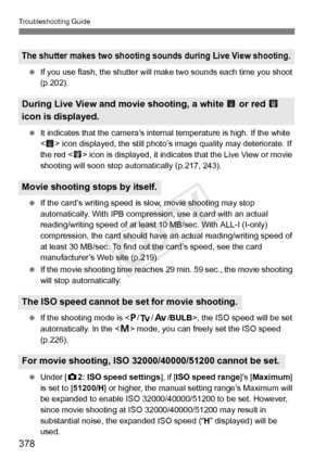 Page 378378
Troubleshooting Guide
 If you use flash, the shutter will ma ke two sounds each time you shoot 
(p.202).
  It indicates that the camera’s intern al temperature is high. If the white 
< > icon displayed, the still photo’s  image quality may deteriorate. If 
the red  icon is displayed, it indicates that the Live View or movie 
shooting will soon stop automatically (p.217, 243).
  If the card’s writing speed is  slow, movie shooting may stop 
automatically. With IPB compression, use a card with an...